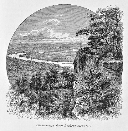 Lookout Mountain in Chattanooga, Tennessee, during the 1800s. Illustration published in The New Eclectic History of the United States by M. E. Thalheimer (American Book Company; New York, Cincinnati, and Chicago) in 1881 and 1890. Copyright expired; artwork is in Public Domain.