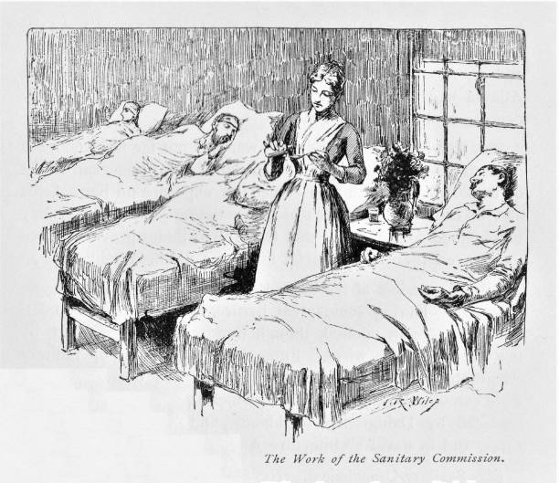 Disabled Civil War Veterans, American Civil War 1861-1865 The Sanitary Commission provides medical care for soldiers injured and disabled during the Civil War. Illustration published in The New Eclectic History of the United States by M. E. Thalheimer (American Book Company; New York, Cincinnati, and Chicago) in 1881 and 1890. Copyright expired; artwork is in Public Domain. christine kohler stock illustrations