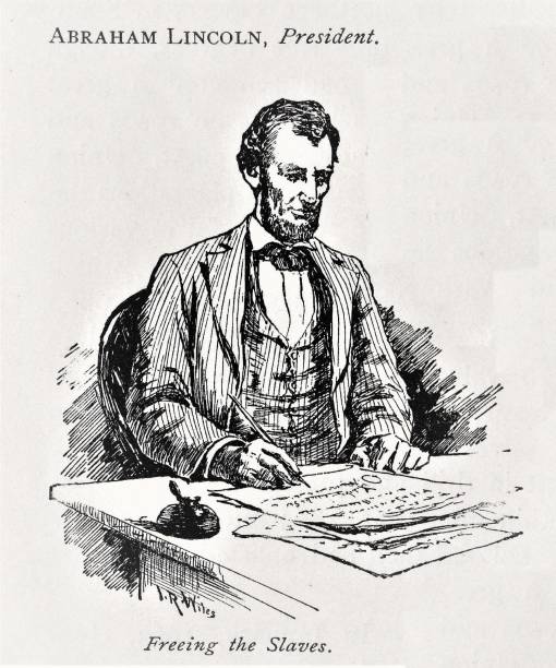 President Lincoln Signs Emancipation Proclamation, American Civil War 1861-65 President Abraham Lincoln writes the Emancipation Proclamation, issued September 22, 1862, freeing all slaves as of January 1, 1963, during the American Civil War. Illustration published in First Lessons in Our Country’s History by William Swinton, A.M. (Ivison, Blakeman, Taylor, & Company, New York and Chicago) in 1872. christine kohler stock illustrations
