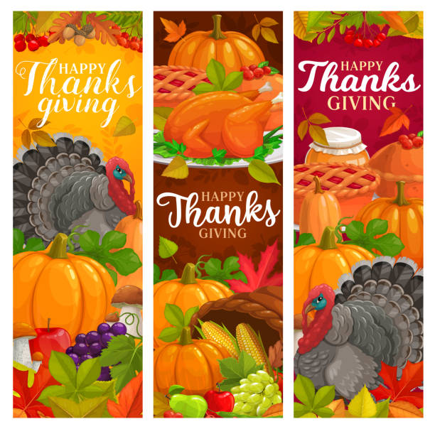 Happy Thanksgiving vector banners with harvest Happy Thanksgiving vector banners with falling leaves, autumn harvest, pumpkin pie, turkey, honey and fruits. Mushrooms, maple, oak or poplar and birch with rowan foliage. Thanks Giving day greetings thanksgiving holiday hours stock illustrations