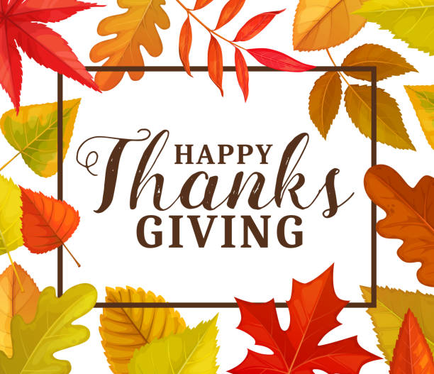 Happy Thanks Giving vector greeting card, frame Happy Thanks Giving vector greeting card or frame with autumn fallen leaves. Thanksgiving day fall holiday congratulation poster with tree foliage of maple, oak, birch or ash, elm and poplar plants thanksgiving live wallpaper stock illustrations