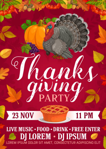Thanksgiving party vector flyer with pie or turkey Thanksgiving party vector flyer with pumpkin pie, grapes and turkey. Invitation for Thanks Giving day celebration, cartoon card with fall maple, rowan, poplar and oak leaves, acorn or rowanberry free thanksgiving pic stock illustrations