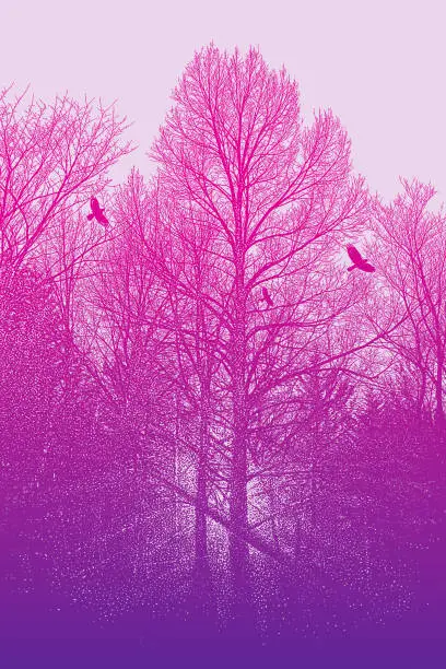 Vector illustration of Late autumn trees and raven