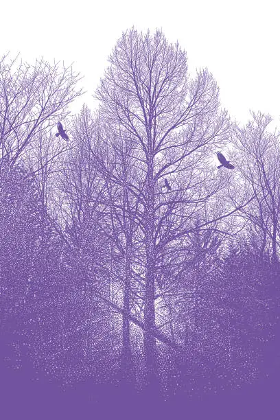 Vector illustration of Late autumn trees and raven