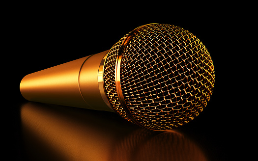 Classic wireless golden microphone on black background, 3d render