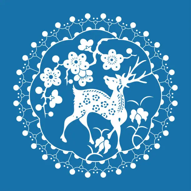 Vector illustration of Sika deer and Plum blossom(China paper-cut patterns)