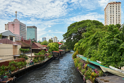 Empty Khlong near Siam with skyscrapers as background and beautiful green environment in Bangkok City, Thailand, Asia