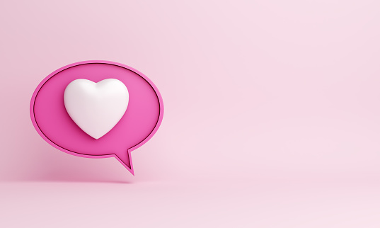 Like heart icon on pink background copy space text, social media notification, 3D rendering illustration