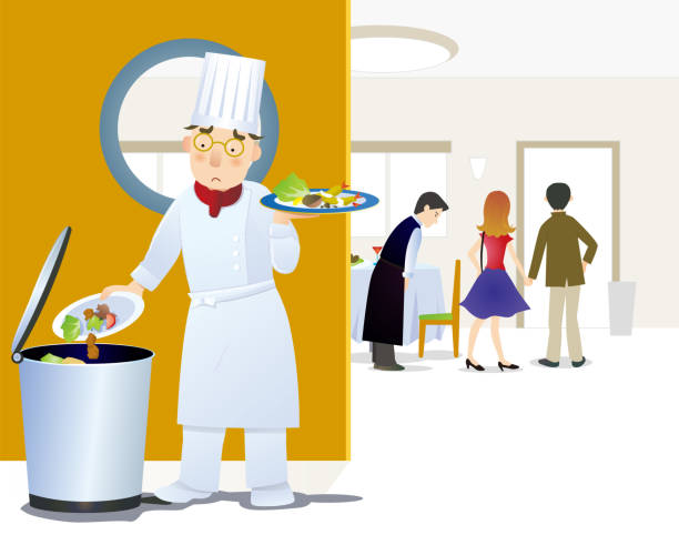 illustrazioni stock, clip art, cartoni animati e icone di tendenza di chef del ristorante che smaltise gli avanzi di cibo - spreco alimentare