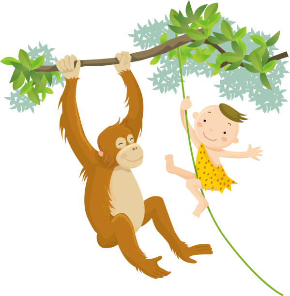 дети играют в лесу с орангутангами - characters nature digitally generated image leaf stock illustrations