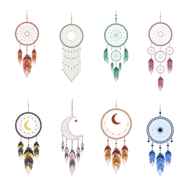 ilustraciones, imágenes clip art, dibujos animados e iconos de stock de receptor de sueños con mandala y plumas. conjunto de mascotas indias. - dreamcatcher symbol mystery catching