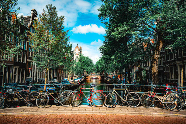 amsterdam kanalları. bisikletli geleneksel köprünün güneşli manzarası - amsterdam stok fotoğraflar ve resimler
