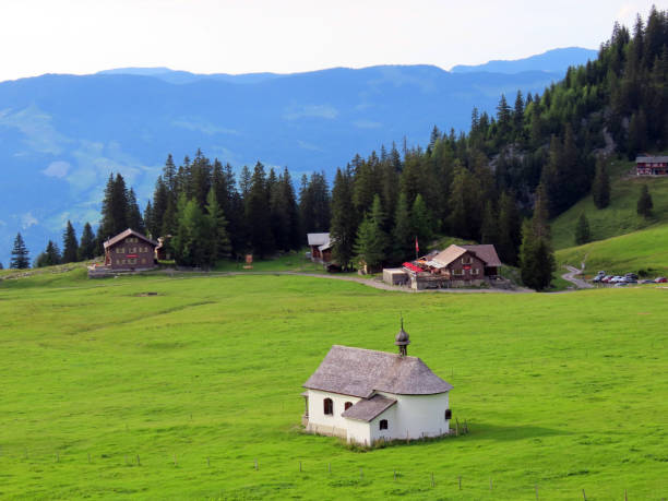 Älggi chapel or Aelggi-Kapelle on the alpine pasture Älggi Alp and next to the geographical center of the country, Sachseln - Canton of Obwalden, Switzerland (Kanton Obwald, Schweiz) stock photo