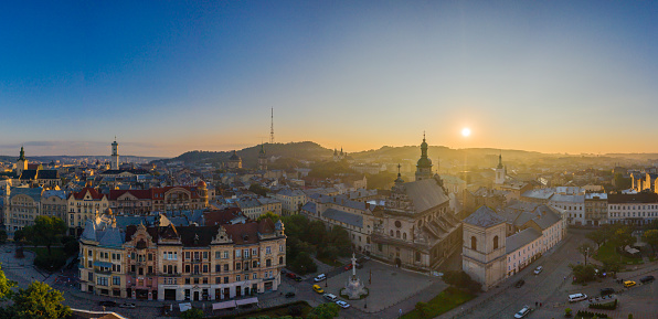 Lviv, Ukraine - July 5, 2020: Aerial view on Bernardine church in Lviv from drone