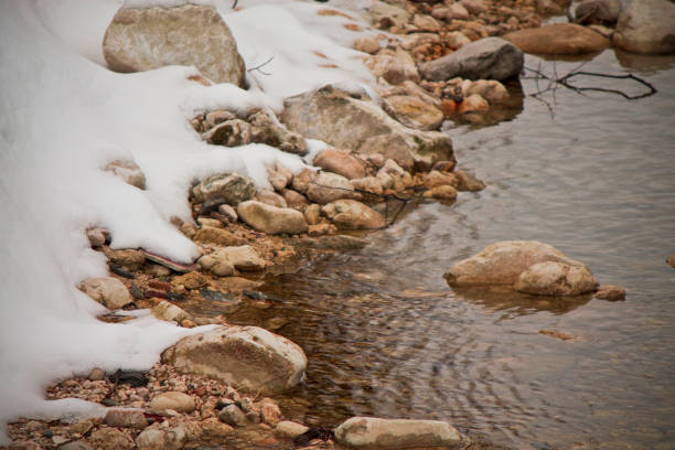 water and stones on the river with snow