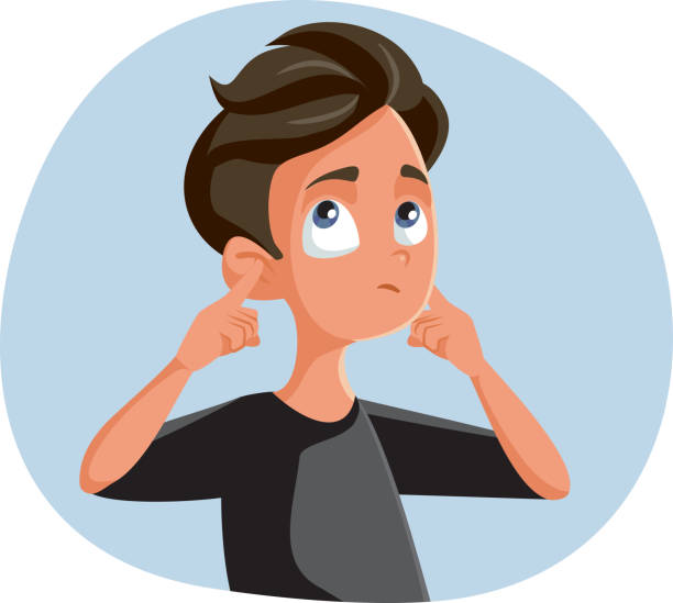obojętny nastolatek chłopiec zakrywając uszy - emotional stress irritation hands covering ears displeased stock illustrations