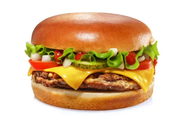 Photo of Cheeseburger isolated on white background. Sesame free bun.
