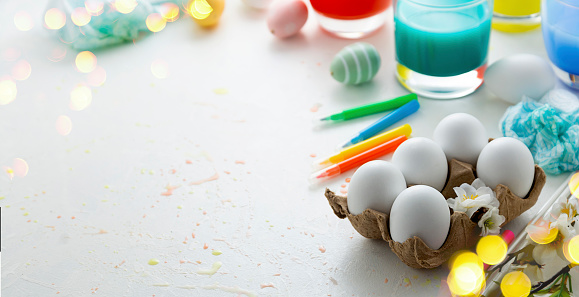 Painting easter eggs. Craft activity, decorating eggs. Spring holidays banner