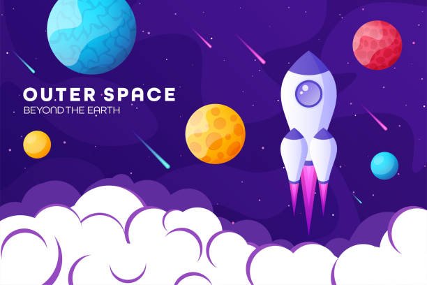 istock Space futuristic modern, colorful background with rocket, planets and stars. Starship, spaceship in night sky. Solar system, galaxy and universe exploration. Vector illustration 1293275207