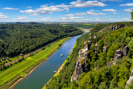 Famous view from Bastei Rocks in Saxon Switzerland National Park on river Elbe, Germany