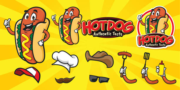 Cartoon character hot dog and sausage logo Set of cartoon hot dog and sausage logo with additional accesories hot dog stock illustrations
