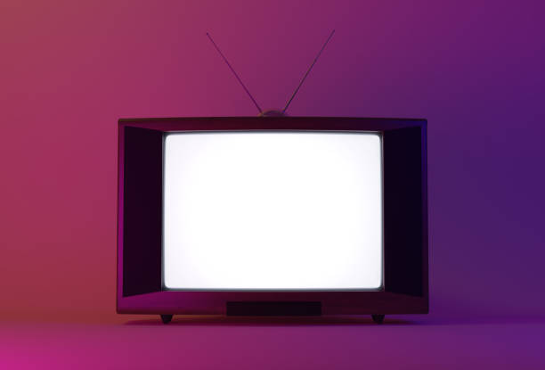 istock Glowing vintage TV receiver on a purple background. 1293280966