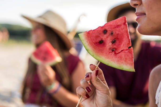 istock Having a watermelon on a stick during a beach picnic 1293281270