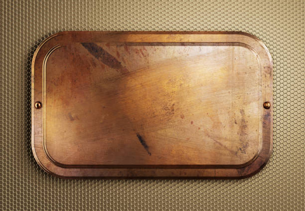 Empty copper plate on brass metal grille background. 3d