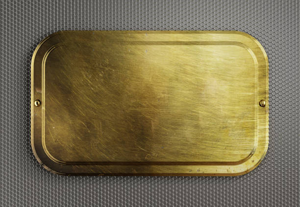 Empty brass plate on steel metal grille background. 3d