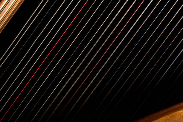 harp strings side view harp strings over black background musical instrument string stock pictures, royalty-free photos & images