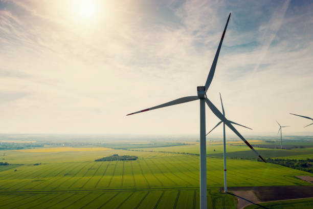 pemandangan udara turbin angin dan bidang pertanian - sustainability potret stok, foto, & gambar bebas royalti