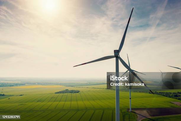 Aerial View Of Wind Turbines And Agriculture Field Stock Photo - Download Image Now - Sustainable Resources, Wind Turbine, Sustainable Energy
