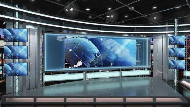 istock Virtual TV Studio News Set 1.2-11 Green screen background. 3d Rendering. 1293288111