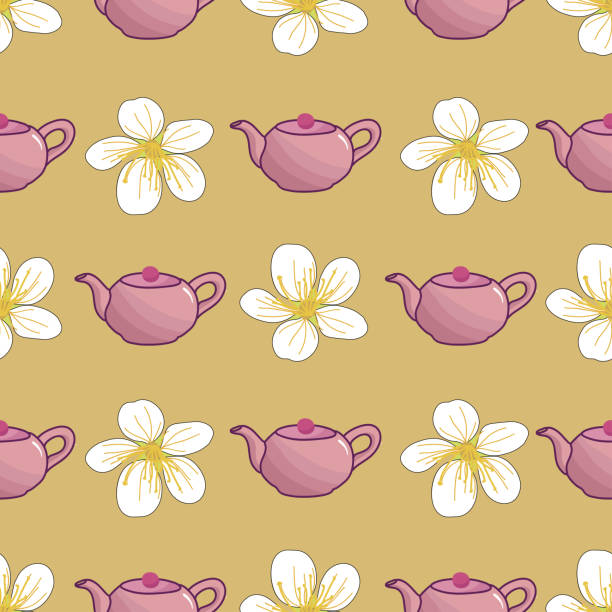 ilustraciones, imágenes clip art, dibujos animados e iconos de stock de tea pot y flores patrón vectorial sin costuras - textile purple translucent backgrounds