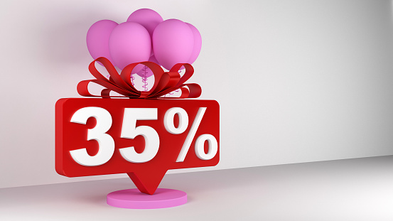 35 percent discount icon with bow and balloons. 3d rendering