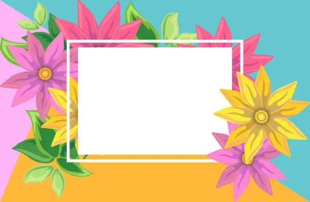 Vector illustration of Card for spring season with white frame. Spring plants, leaves and flowers decoration.