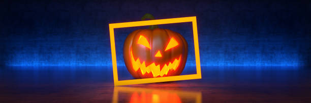 istock pumpkin with yellow frame on black background. Concept happy Halloween . 3d rendering 1293290446