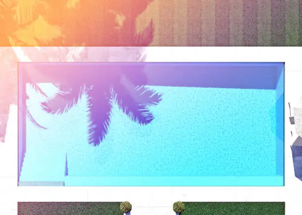 Photo of pool with shade from the palm trees. top view 3d rendering