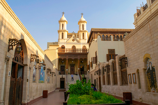 Cairo - Egypt - October 03, 2020: Old beautiful Orthodox Church in Cairo. Christian Coptic Hanging Church entrance. Saint Virgin Mary's Coptic Orthodox Church.