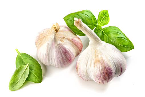 garlic and basil leaves isolated on white background