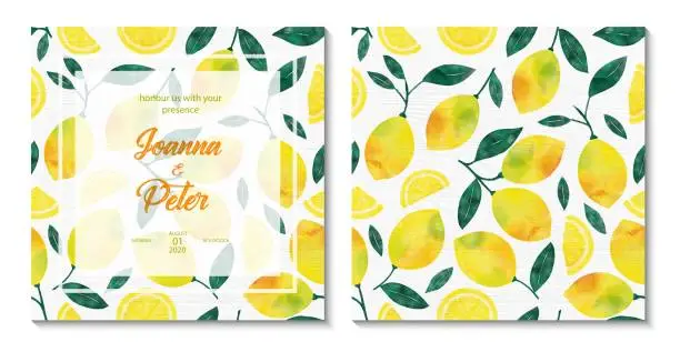 Vector illustration of Wedding Invitation Card Design with Watercolor Lemons and Leaves. Wedding Concept, Design Element.