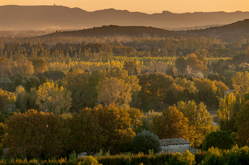 Autumn landscape in provence France, at sunset.