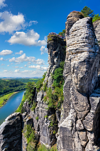 Famous view from Bastei Rocks in Saxon Switzerland National Park on river Elbe, Germany