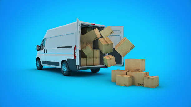 istock commercial delivery vans with cardboard boxes. 3d rendering 1293296386