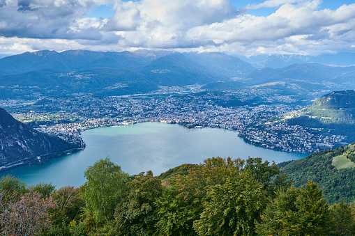 Village of Interlaken, Switzerland. Sunny day with blue sky.