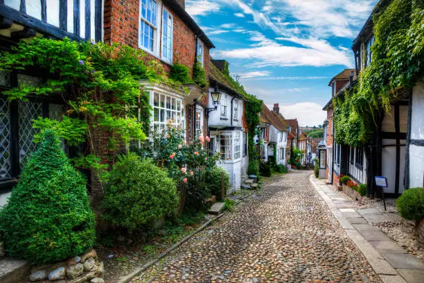 Charming houses in beautiful, cobbled Mermaid Street, Rye, England