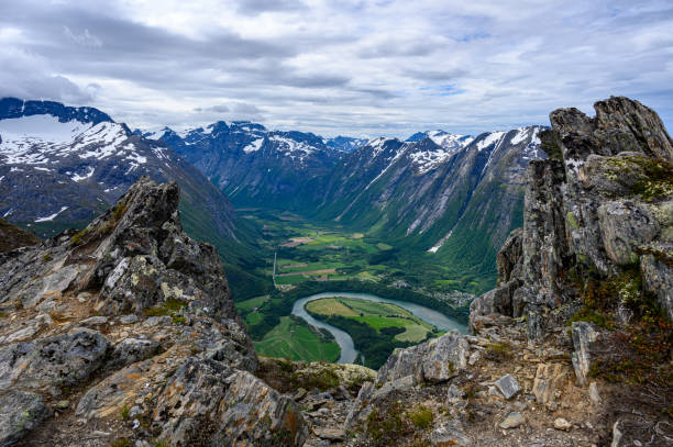 View from the Romsdalseggen mountains in the valley