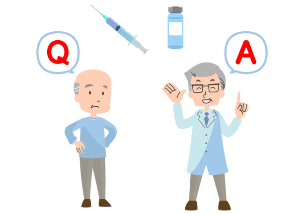 Vaccination Q & A Illustration of vaccination Q & A senior getting flu shot stock illustrations