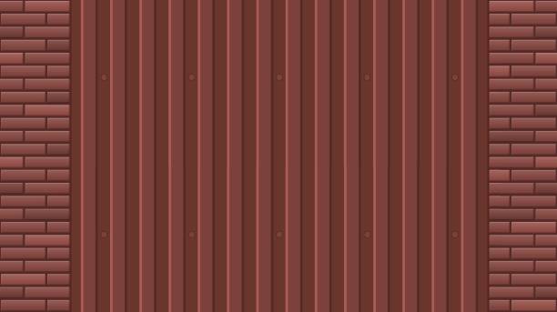 istock Vector seamless pattern of wavy slate and brick wall. Texture of light brown and red bricks and galvanized iron sheets. Colored seamless vector texture background. Metal roof, metal siding, brickwork. 1293301004