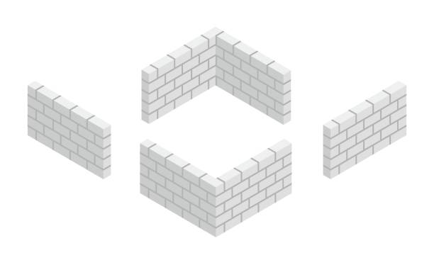 Set of isometric white brick wall corners with cement mortar isolated on white background. New grey brick wall vector icon. Autoclaved aerated concrete block fence. 3D vector cartoon flat illustration Set of isometric white brick wall corners with cement mortar isolated on white background. New grey brick wall vector icon. Autoclaved aerated concrete block fence. 3D vector cartoon flat illustration brick wall illustrations stock illustrations